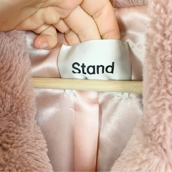 STAND STUDIO Fausta Jacket Faux Fur Colorblock Double Breasted Waist Tie M - Picture 6 of 16